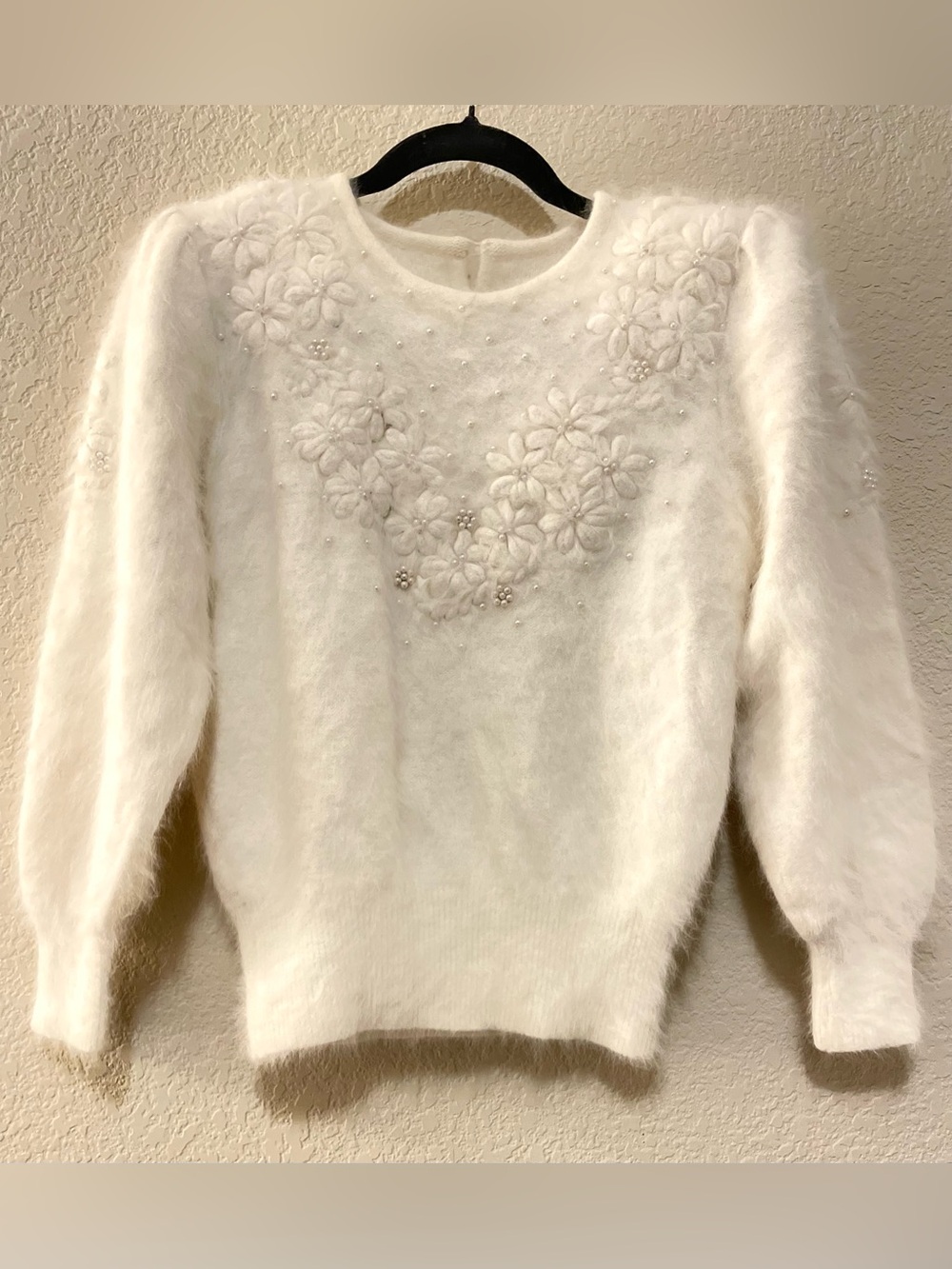 Vintage Angora Sweater Ivory with Pearl Floral Appliqué